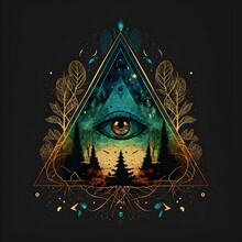 Mystical Symmetrical Geometry, Triangle Patterns , All Seeing Eye, Forest Colors, Sacred Geometry, Vector Style , Galaxy Stars On Clean Black Background, Leaves, Nebula  