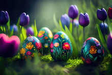 Beautifully Decorated Easter Eggs In Grass And Tulips As Easter Background Illustration (Generative AI)
