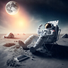 Wall Mural - astronaut relaxing on a moon on a chair lunar surface, in deep space wearing space suit, generative ai