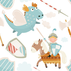 Pattern of a cute knight with a sword and shield riding a horse and a dragon