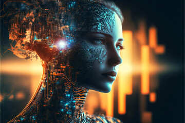 Portrait of a female cyborg robot. Concept for Artififial Intelligence. Designed using Generative A