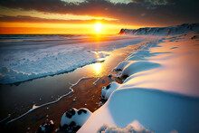 Beaful Landscape Of Snow-covered Iceland Beach Against Background Of Setting Sun