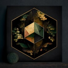 Symmetrical Minimalist Hieronymus Bosch Art, Polygon, Forest Colors, Earth Tone Ornament On Black Background Texture, Perfect Symmetry  