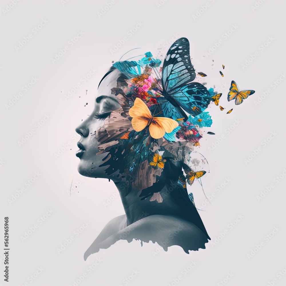 Surreal double exposure image of woman and butterflies. Great for ads ...