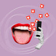 © Марина Демешко - Big smiling woman's mouth with red lips showing tongue with hand holding mobile phone with like symbols from social networks on color background. 3d trendy collage. Contemporary art. Modern design