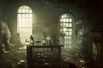 Wall Mural - A strange and creepy cabinet of curiosities lab filled with lots of bottles and glass jars. Digital illustration. CG Artwork Background