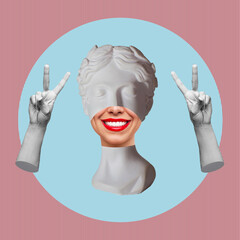 Canvas Print - Antique female smiling statue showing a peace gesture with her hands on a colorful background. 3d trendy collage in surreal magazine style. Contemporary art. Modern design