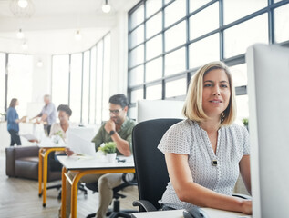 Canvas Print - Company, computer and business woman in office working on online email, website research and project. Productivity, corporate agency and female worker at desk for planning, schedule and strategy