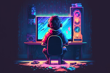 Generative AI illustration of cartoon style Kid playing video games in his room. Colorful lights