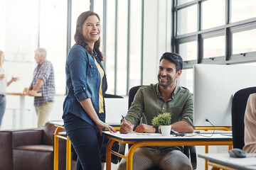 Aufkleber - Business people, happy at computer and training, team and leader help with portrait in coworking space and writing notes. Man, woman and work, collaboration and partnership with advice and coaching