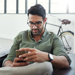 Poster - Professional man with smartphone, email or social media scroll, contact and networking, reading text message. Internet wifi, phone and communication technology, businessman work break and app check