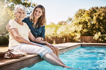 Sticker - Women in portrait, relax together and swimming pool, love and care with quality time during summer vacation. Elderly mother, daughter and vacation, outdoor pool and wellness lifestyle with family