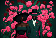 Fictional Person, Black Woman And Man, Celebrating Valentine's Day In A Rose Garden In Love