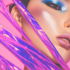 Wall Mural - woman's face with metallic makeup and 80s holographic plastic aesthetic, generative ai