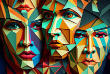 Abstract, Crowded Illustration Of Many Faces In Vivid Color And Geometric Shapes. Wallpaper, Background, Picture.