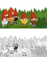 Canvas Print - cartoon scene with dwarfs in the forest meadow illustration