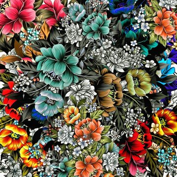 Computer graphics of abstract floral psychedelic background stylization of colored chaotic stickers in the form of leaves