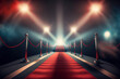 Red carpet with smoke and spotlights, Generative AI