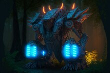 Cybernetically Enhanced  Tree Looking Giant Biopunk Mutant With Blue Lights And Orange Spikes On The Back In The Dark