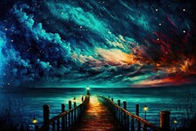 Illustration Beautiful Seascape With Glitter Glow Starry Sky In Night Time, Idea For Background Wallpaper Generative Ai	
