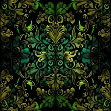 Colorful Green Damask Design, Forest Colors Damask Element, Earth Tone Ornament On Black Background Texture, Flowers And Vines  