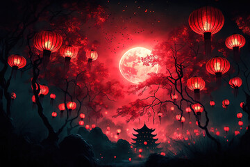 Amazing picture of the Asian exterior of the castle with traditional lanterns. Chinese lunar new year. Generative AI.