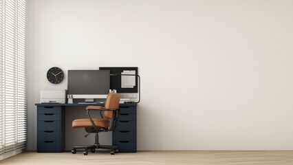 Wall Mural - Modern workplace with comfortable modern working table and computer with working chair and large window. on wall white and wooden floor. 3D rendering