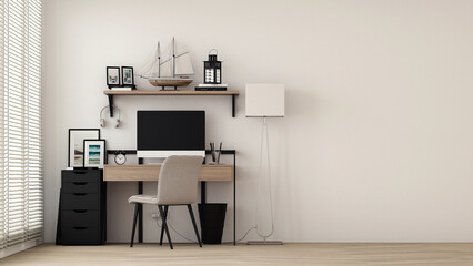 Wall Mural - Modern workplace with comfortable modern working table and computer with working chair and large window. on wall white and wooden floor. 3D rendering