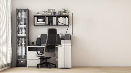Poster - Modern workplace with comfortable modern working table and computer with working chair and large window. on wall white and wooden floor. 3D rendering