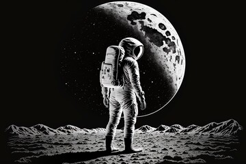 Wall Mural - Astronaut looks to Earth from Moon. Astronaut on the new planet. An astronaut stands on the surface of the moon among craters against the backdrop of the planet earth. generative ai