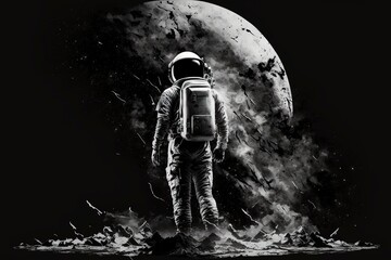 Wall Mural - Astronaut looks to Earth from Moon. Astronaut on the new planet. An astronaut stands on the surface of the moon among craters against the backdrop of the planet earth. generative ai