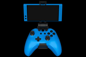 Canvas Print - Realistic blue joystick for playing games on a mobile phone on black background