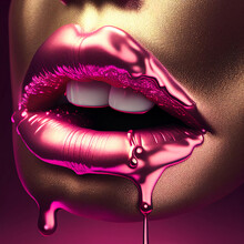 Close-up Of Metallic Pink Lips With Dripping Lipstick, Gold Skin, Generative Ai