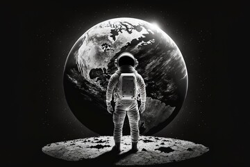 Wall Mural - An astronaut stands on the surface of the moon among craters against the backdrop of the planet earth. Outer space. Astronaut looks to Earth from Moon. generative ai