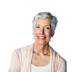 Wall Mural - Happy, beautiful and portrait of a senior woman with a smile isolated on a white background in studio. Content, cheerful and confident face of elderly model in retirement with happiness on a backdrop