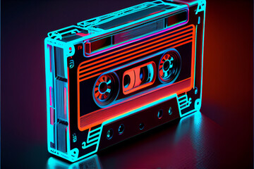 Aufkleber - Beautiful Audio cassette tape in neon light.Minimalism retro style concept. 80s. Background pattern for design
