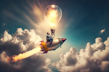 Creative new idea, innovation start up business or inspiration to achieve success goal concept, businessman leader riding flying lightbulb lamp with rocket booster in the cloud sky. (ai generated)