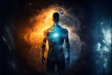 Poster - Human looking in infinity space galaxy background. Mixed media