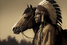 Native American Indian Apache And Western Horse In Traditional Clothing And Feathered Feather Tribal Headdress, Retro Vintage Portrait Style, Generative Ai