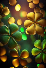 Aufkleber - Beautiful Festive background with shining clover shamrocks and golden bokeh. St. Patrick's Day backdrop. 