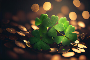 Aufkleber - Beautiful Festive background with shining clover shamrocks and golden bokeh. St. Patrick's Day backdrop.  Generative AI technology.