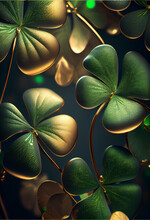 Beautiful Festive Background With Shining Clover Shamrocks And Golden Bokeh. St. Patrick's Day Backdrop. 
