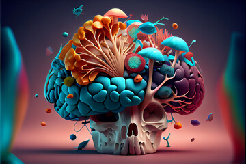 Poster - abstract brain with mushrooms concept, contemporary colors and mood social background