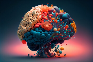 Poster - abstract brain with mushrooms concept, contemporary colors and mood social background
