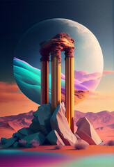 Wall Mural - Beautiful pillar abstract surreal geometric landscape collage concept, contemporary colors and mood social background.