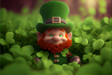 Aufkleber - Beautifu Cute Cartoon Leprechaun in a Field of Shamrocks.