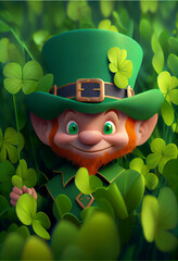 Aufkleber - Beautifu Cute Cartoon Leprechaun in a Field of Shamrocks.