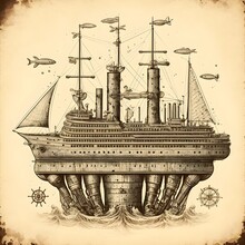 Vintage Antique Ship Engraving, Ocean Ship, Plate Illustration, Steampunk Ship, Old Paper Texture, Antique Style Drawing, Cogs And Gears, Clockwork, Mechanical  