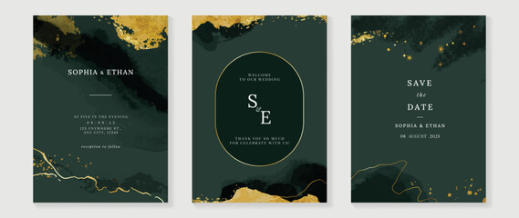 Luxury wedding invitation card background vector. Elegant golden streak, brush paint on dark green watercolor texture background. Design illustration for wedding and vip cover template, banner.