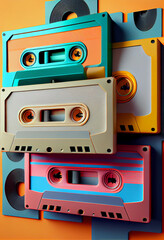 Poster - Beautiful magnetic cassette tapes on a multivolored background. 